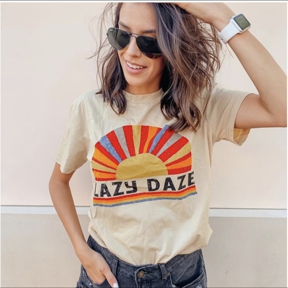 🌈 LAZY DAZE sun rise set rainbow tee Tshirt Cotton poly blend beige sz small